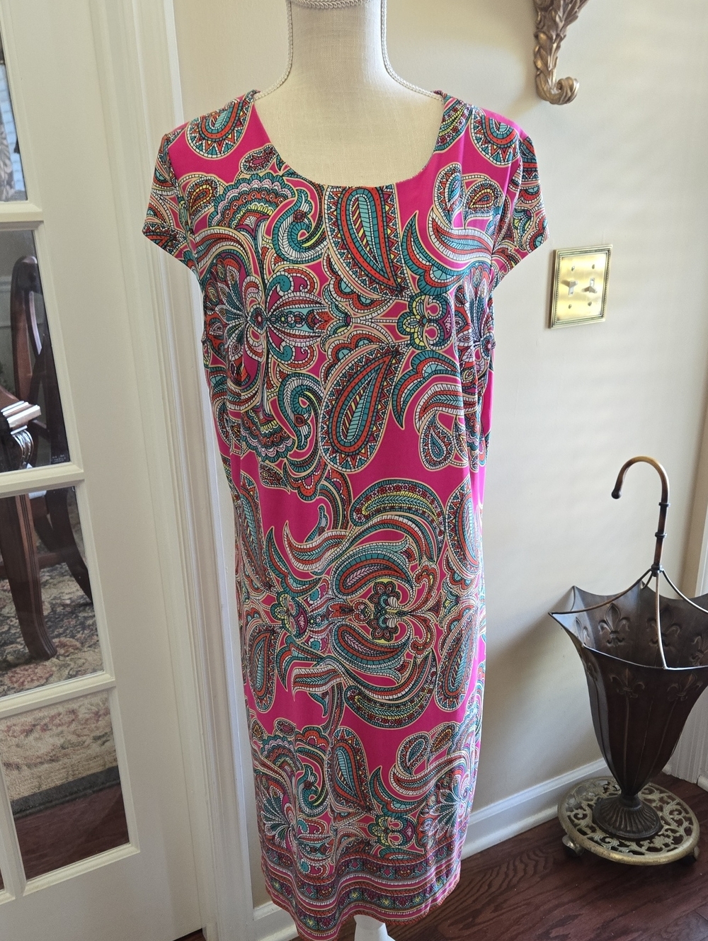 Liz Claiborne Pink Multicolor Paisley Knit Dress Cap Sleeve Stretch Size XL EUC